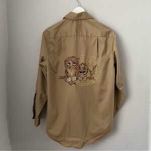 Vintage JcPenney crewel embroidery stitch owl design khaki button down shirt M